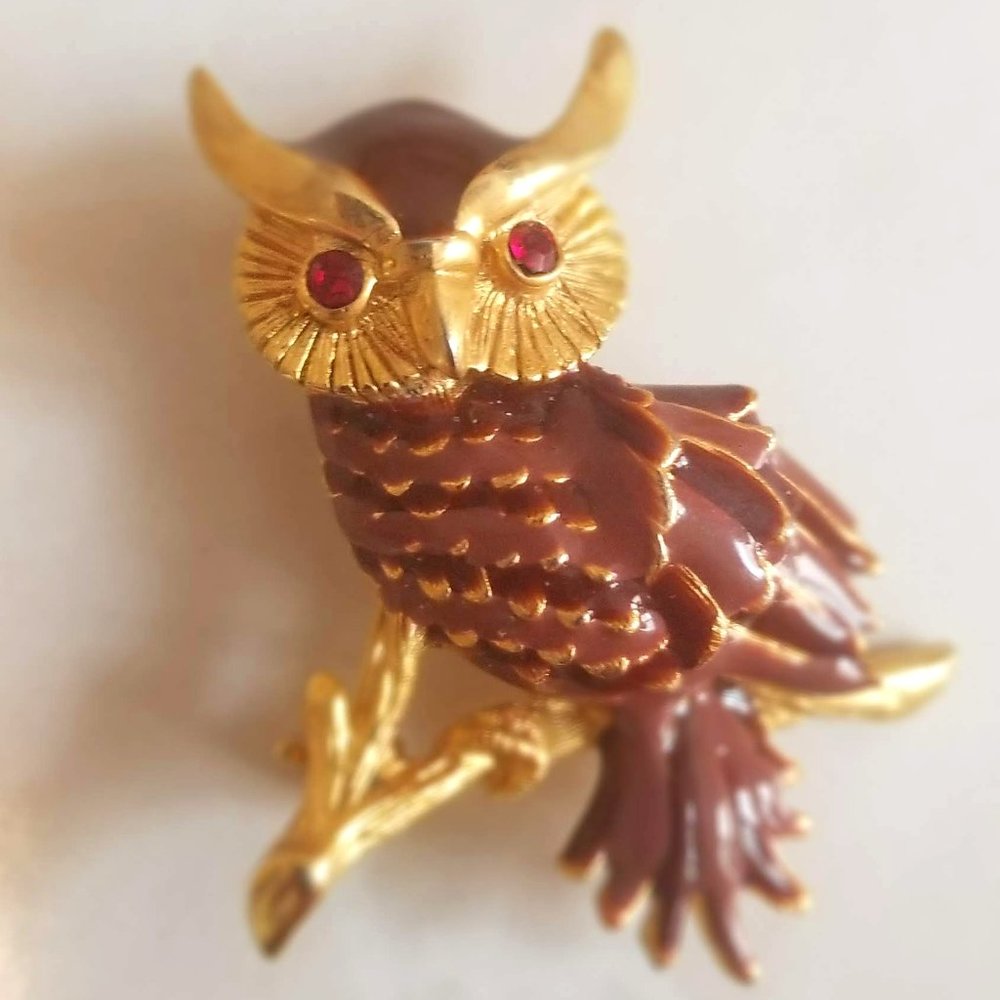 Vintage Gold Tone Carved Brown Enamel Owl with Red Rhinestone Eyes Pin / Brooch
